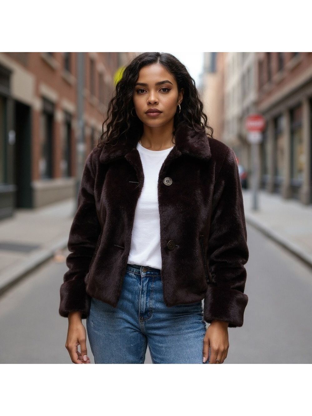 Vintage PLUSH Chocolate Brown Faux Fur Cropped Jacket M/L Luxe Winter Glam EUC!